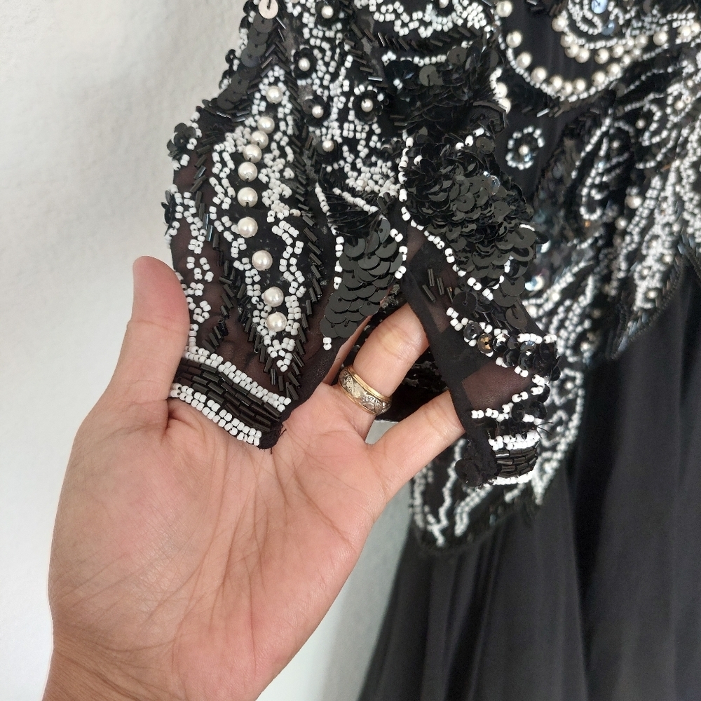 Black Tie Oleg Cassini Sequined Beaded black‎ Longsleeve Dress Size 10 - Picture 3 of 11